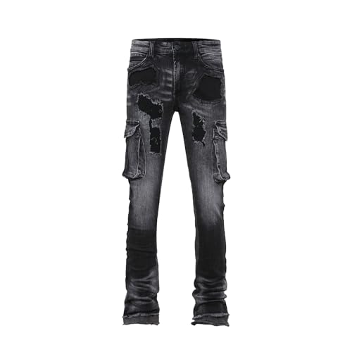 Men's Trendy Hole Filled Elastic Mid Waist Denim Workwear Pocket Jeans