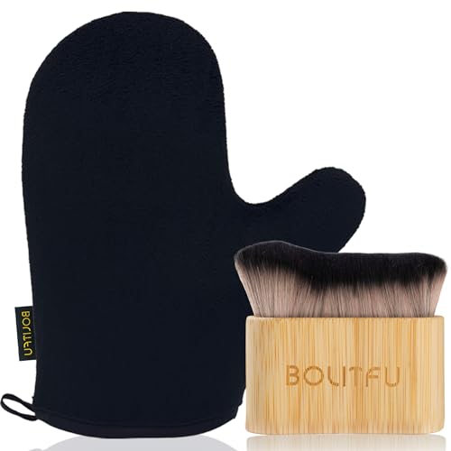 2-in-1 Self Tanning Mitt & Self Tanner Brush Set Streak-Free Self Tanning Applicator for Face and Body Waterproof Double-Sided Tan Mit with Brush for Sunless Tanner Reusable