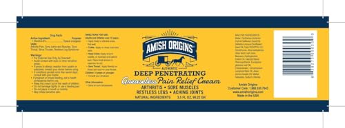 Amish Origins Arthritis Pain Relief Cream - 3.5 oz - Maximum Strength Deep Penetrating for Joint, Muscle, Knee, Back, Feet, Hand, Ankle, Aches, 1 Pack