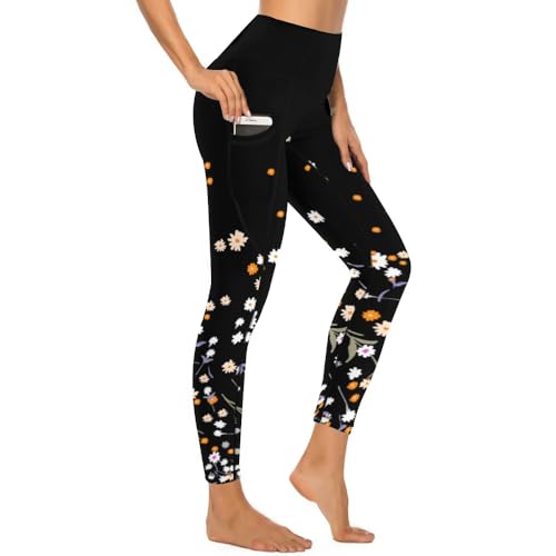 Womens Workout Leggings with Pockets Christmas High Waisted Tummy Control No See Through Stretch Activewear Running Yoga Pants Orange Flower XL