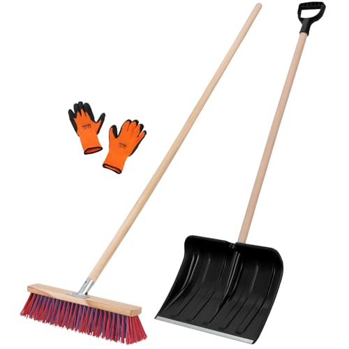 KOTARBAU Set Schneeschaufel mit Holzstiel 131 cm Straßenbesen 43 cm + Handschuhe Schneeschieber Snow Shovel Gartenbesen mit Stiel draußen Schneeschaufel Auto Holz Stiel zur Schneeräumung