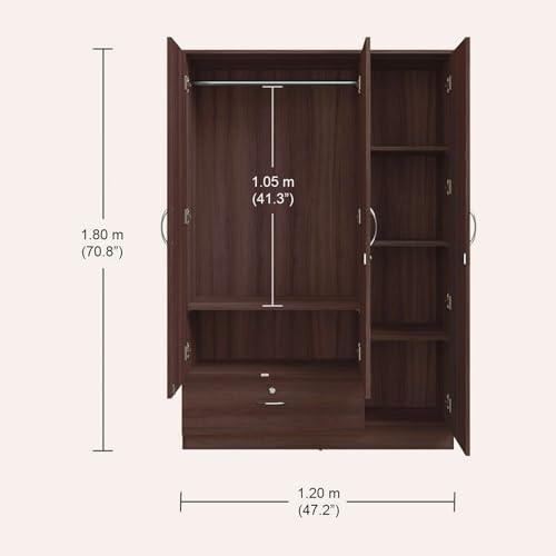 Image of Interio by Godrej Wardrobe EWA 3-Door Engineered Wood Wardrobe for Clothes (Brown), 1-Year Warranty, 5 Shelves, 1 Drawer