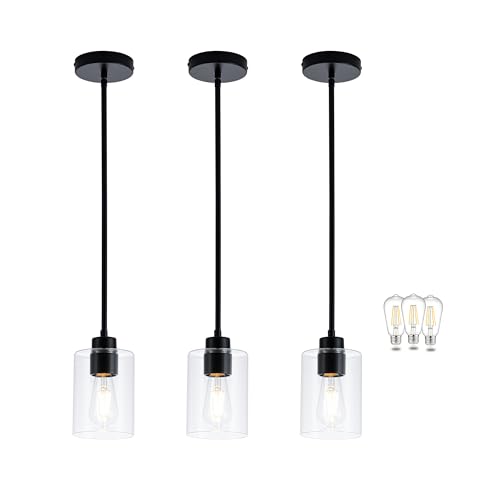 Image of MAYNA 3-Pack Black Kitchen Island Lighting Over Table, Linear Industrial Chandelier with Glass Shades, Adjustable Rods Ceiling Lights for Kitchen, Breakfast Nook (Bulbs Included)
