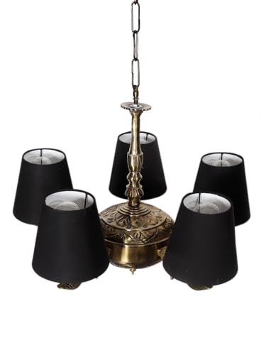 Image of Devansh 05 Lights conical Black Cotton Shade with Antique Golden Chandelier