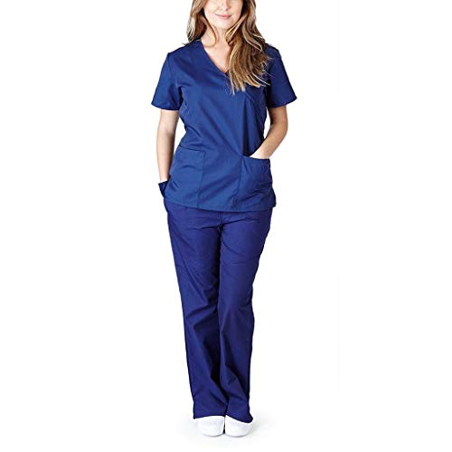 YAnGSale Nursing Working Uniform Set Suit Women Short Sleeve V-Neck Tops and Pants Trousers Solid Color Leggings and Shirts Blouse (Navy, L)