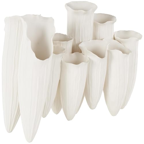 Image of Deco 79 Ceramic Abstract Floral Inspired Vase with Linear Grooves and 10 Openings, 14 inch x 5 inch x 11 inch, White