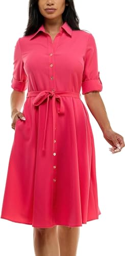 Image of Sharagano Women's Pleated Shirt Dress - 3 /4 Sleeve, V-Neck, Gold Buttons