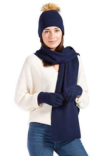Fishers Finery Damen 3-teiliges Set aus 100% Kaschmir Pom Beanie Mütze Handschuh Schal Set Cover