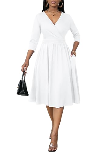 Nmoder Women's Wrap Dress Cocktail Church Wedding Midi Dress A-Line V Neck 3/4 Sleeve Casual Dresses with Pockets3