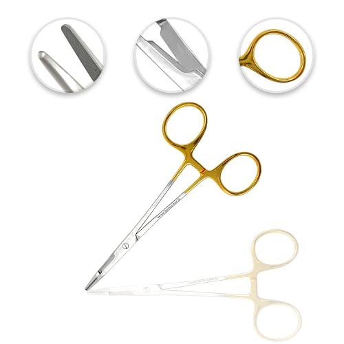 Cynamed TC Olsen Hegar Needle/Suture Holder Driver with Tungsten Carbide Inserts and Gold Rings - Premium Grade Instrument - Hemostat with Scissors (6.5 in.)