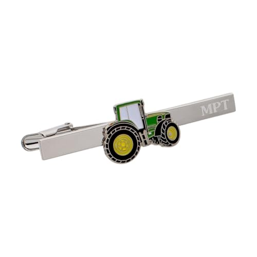 Image of Personalised with Initials, Green Farm Tractor Tie Clip, Rhodium Plated Metal, 5.5cm, with Gift Box