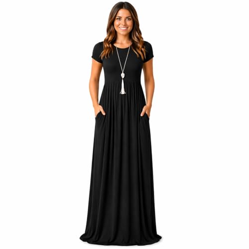 AUOMITH Black Maxi Dress for Women Short Sleeve Long Black Dress with Pockets Empire Waist Casual Flowy Dress(Black,XXL)