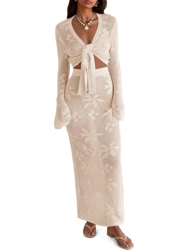 Saodimallsu Womens Crochet Swim Cover Up 2 Piece V Neck Long Sleeve Wrap Tie Crop Tops Beach Boho Maxi Coverup Set Apricot