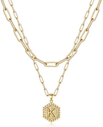 M MOOHAM Gold Initial Necklaces for Women Trendy, Paperclip Chain Necklace for Women Trendy Hexagon Letter Pendant Initial K Necklace Choker Necklaces Dainty Layered Necklaces for Women