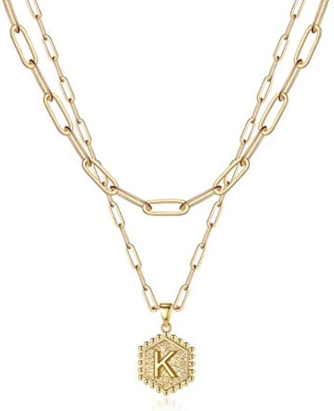 Dainty Layered Initial Necklaces for Women, 14K Gold Plated Paperclip Chain Necklace Simple Cute Hexagon Letter Pendant Initial Choker Necklace Gold Layered Necklaces for Women