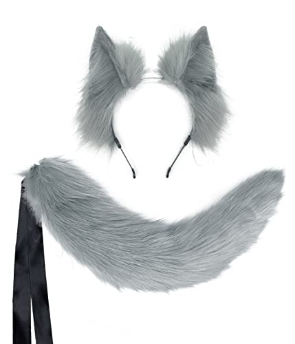 CoFoWo Handmade Grey Cat Fox Wolf Ears and Tail Set,Animal Tail Cosplay, Halloween Christmas Fancy Party Furry Costume, Funny Gifts(Pure Grey)