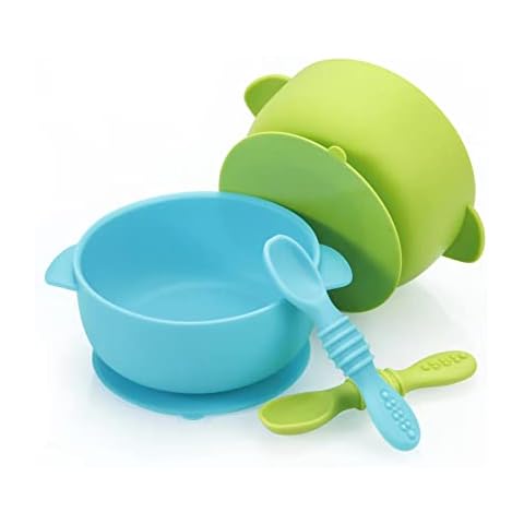 PandaEar 2 Pack Silicone Baby Suction Bowls Spoon Set for Weaning| Kids Toddlers Feeding Bowls with Large Cup Base| Food Grade Soft Safe BPA-Free Silicone| Blue & Green Cover