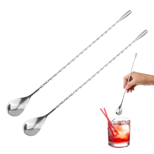 2 Pcs Stainless Steel Mixing Spoon, Long Bar Cocktail Shaker Spoon, Long Handle Spoon Drink Stirrer for Home or Bartender Use Silver Cocktails Coffee Tea Herbs