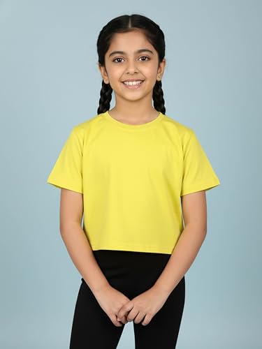 Image of KiddoPanti Girls 100% Cotton Solid Drop Shoulder Half Sleeve Round Neck Crop Tee