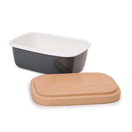 Exclusive Discount 70% Price  Butter Dish with Lid, Enamel Butter Box with Beech Wooden Cover for Storage of Cheese, Retro Butter Keeper Container 6"×4"×2.5""-Grey G.a HOMEFAVOR