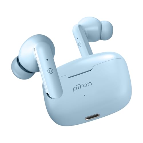 Image of pTron Basspods P81 in-Ear Wireless Earbuds, Pristine Sound, 32Hrs Playtime, Clear Calls TWS Earbuds, Bluetooth V5.1 Headphone, Type-C Fast Charging, Voice Assist & IPX4 Water Resistant (Powder Blue)