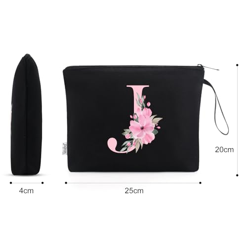Image of Vavabox A-Z Personalized Makeup Bag, Birthday Gifts for Women Mom, Gifts for Best Friend, Bride Bridesmaid Cosmetic bag (J, 02-Black)