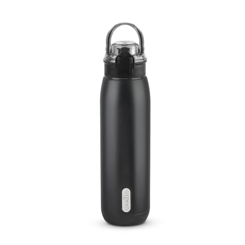 Image of CELLO Puro Steel-X Flint 900 Insulated Water Bottle 650 ml, Black | Easy Press Open Flip Top, Easy to Carry with Handle Leak Proof Inner Steel Water Bottle for School Kids, Office Gym Travel Trekking