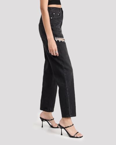 LaurelTree Women's Baggy High Waist Jeans with Rhinestone Studded Cut Outs Ripped Bedazzled Denim Fashion Y2K Wide Leg Pants3