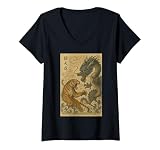 Womens Vintage Japanese Giant Tiger Fighting Dragon Asian Ukiyo-e V-Neck T-Shirt