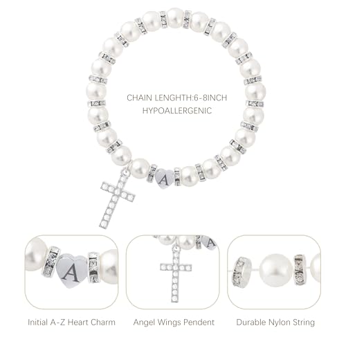 Image of BAYLAY First Communion Gifts for Girls, Cross Bracelet for Teen Girl First Communion Bracelet for Girls Pearl Letter Initial Charm Bracelet First Holy Communion Gifts for Girl Catholic
