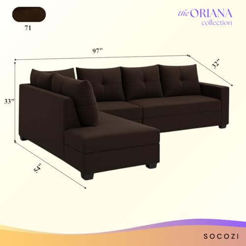 Image of SOCOZI Oriana 6 Seater LHS L Shape Sofa Set | Soft Velvet Suede Fabric | Modern Design | Plush Comfort Cushions for Living Room (Dark Brown)