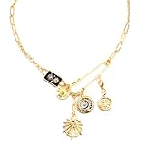 ORIGENCE Charm Necklace for Women Amulet Safety Pin Necklace Chunky Gold Plated Necklace Sun Moon Evil Eye Jewelry Protection necklace Paperclip Chain DIY Pendent Necklace Birthday Gift