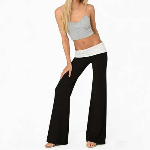 Image of Lounge Yoga Pants for Women Fold Over Low Waist Wide Leg Bell Bottoms | Y2K Foldover Pants, Flare Leggings, Low Rise Yoga Sweatpants