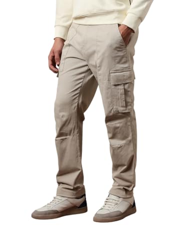 Image of Vogaan Men Solid Relaxed Fit Cotton Blend Cargo Trousers with Utility Pocket