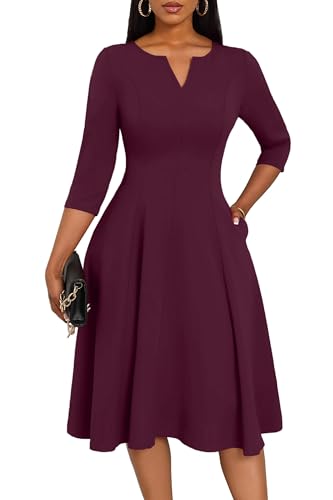 Image of Nmoder Midi Dresses for Women A-Line Fit and Flare Dress 3 /4 Sleeve V Neck Cocktail Wedding Guest Work Dress with Pockets