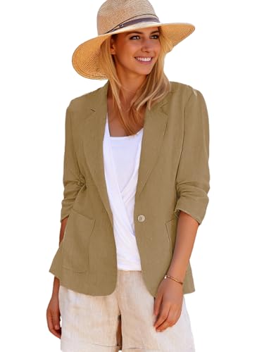 Image of Mina Self 2026 Summer Women's Linen Blazer Jacket - Lightweight Breathable 3 /4 Stretchy Ruched Sleeve Casual Work with Pocket