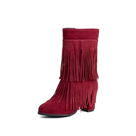 Womens Western Fringe Ankle Boots Side Zipper Vintage Pointed Toe Chunky Block Heel Booties Fashion Party Cowboy Short