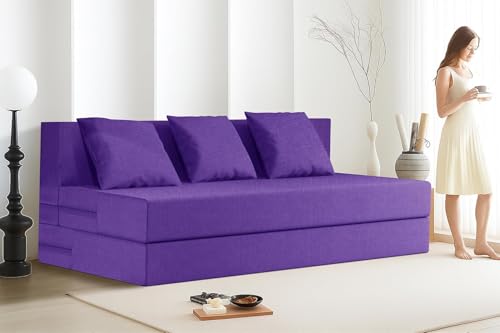 Image of Rosebell Three-Person Jute Sofa Cum Bed | Compact & Lightweight | Removable Washable Cover- Including 3 Cushion | 5x6 Ft Size | Home or Office - Purple Color