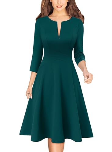 Image of VFSHOW Womens Work Business Front Zipper A-Line Dresses 3 /4 Sleeve Office Church Fit and Flare Skater Swing Knee Length Dress