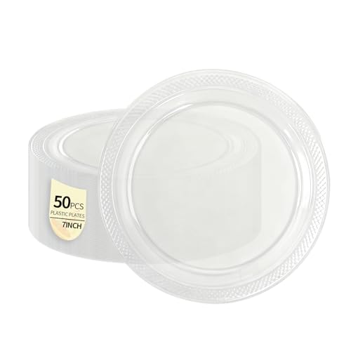 HiEnjoin 50 Pack Clear Plastic Plates 7 Inch Disposable Party Plates Dinner Plates for BBQ Picnic Wedding Birthday Travel Events Party Supplies (Clear 7 Inch)