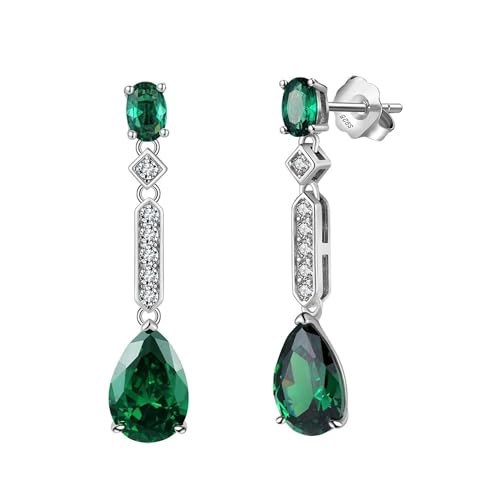 HeyMeili Pendientes Bohemios de Cristal de Esmeralda y Piedras Preciosas Verdes, Colgantes Largos de Plata de Ley para Mujer