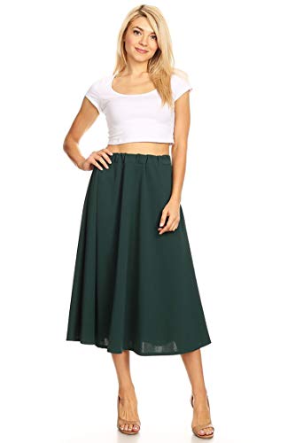 FashionJOA Solid Print Casual Comfy Elastic A-line Knee Midi Skirt Hunter Green M2