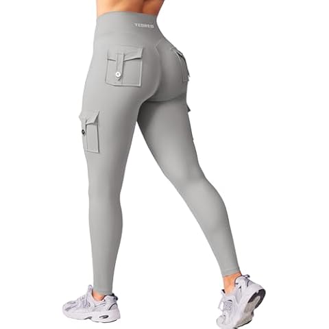 YEOREO Workout Cargo Leggings with Pockets for Women Hidden Scrunch Butt Lifting Hedda Leggings Compression Gym Yoga Pants Light Grey XL Cover