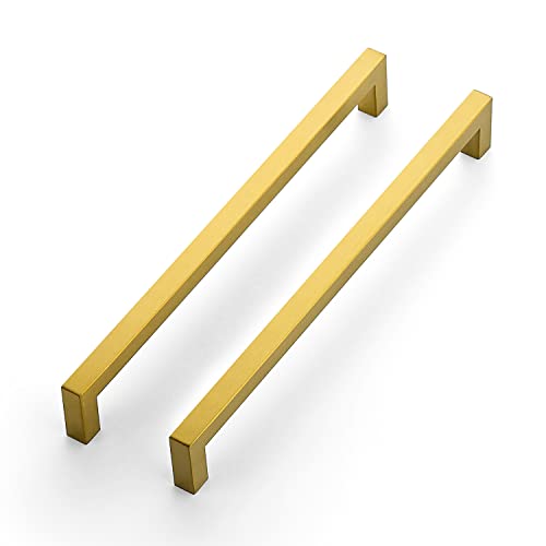 Image of Ravinte Brushed Brass Square Cabinet Handles Drawer Pulls 10 Inch 12 Pack | Screws Included, Square Bar Grip, Smooth Touch, Stainless Steel, Easy Installation, For Cupboards, Drawers, Dressers, Cabinet