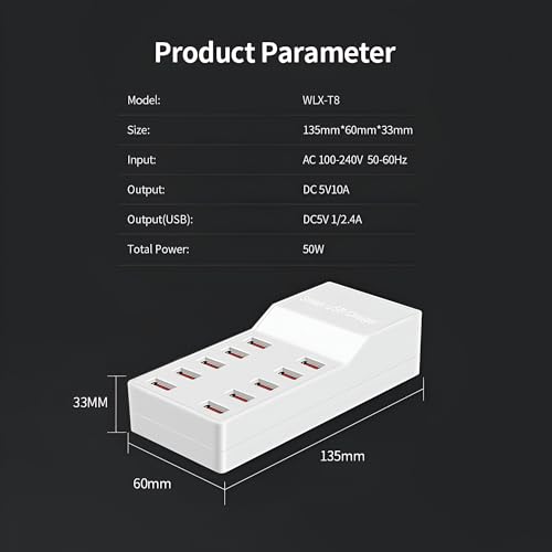 Image of Upix 50W 10-Port USB Charging Station with Smart Auto Detect, Multi-Port Charger Hub, 5V /2.4A Fast Charging for Mobile Phones, Tablets, Smartwatch, Earbuds, Power Bank, AC 100-240V, White