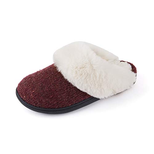 ULTRAIDEAS Women's Cozy Memory Foam Scuff Slippers with Plush Fuzzy Faux Rabbit-Wool Collar, Ladies' Slip on Knitted House Shoes with Indoor Outdoor Anti-Skid Rubber Sole(Red,6.5-7.5)