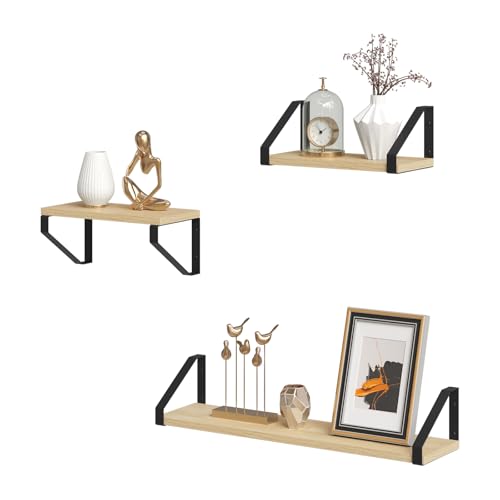 EUGAD Set di 3 Mensole da Muro Industriali, Scaffale da Parete, 60cm+30cm×2, Robusta Soluzione di Stoccaggio per Cucina, Soggiorno, Camera da Letto, Facile da Installare, Nero + Rovere Chiaro