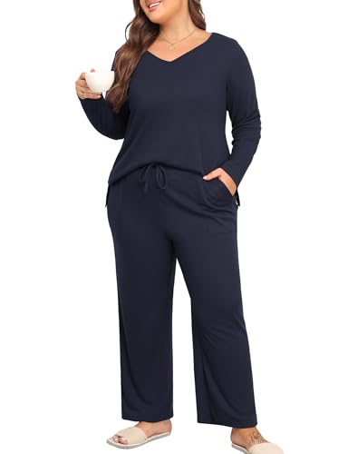 Image of ZHUHOUSE Women's Plus Size 2 Piece Pajama Lounge Sets Knit Outfits Long Sleeve V Neck Tops Wide Leg Pants with Pockets