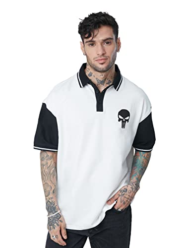 The Souled Store| Official Punisher: Logo Mens and Boys Polos|Half Sleeve|Regular fit Graphic Printed| 100% Cotton White & Black Color Oversized Polos