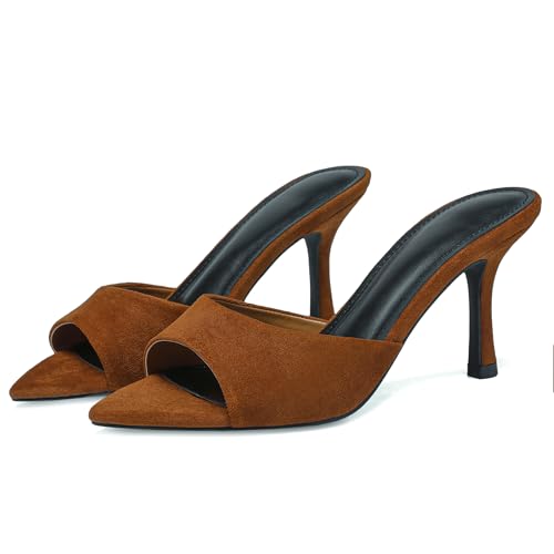 Image of Riekhany High Heel Mules for Women Slip On Open Pointed Toe Classy Patent Leather Stiletto Pumps Formal Slingback Mule Sandals Dress Walking Shoes